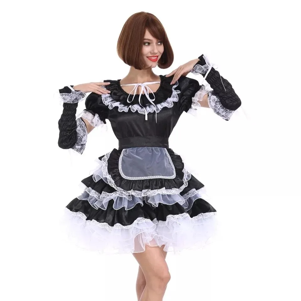 Sissy Girly girl black satin organza lace maid Cosplay costume tailored