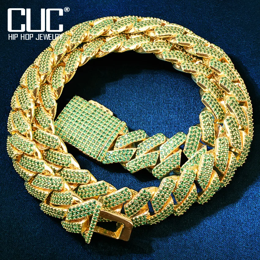 

CUC Iced Out Green Zircon Miami Cuban Chain Men Hip Hop Necklace Gold Color Link Fashion Rock Rapper Jewelry 19mm