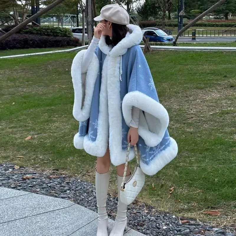 

Chic Winter Woman Faux Fur Hooded Snowflake Printed Fleece Capes Jacket Fluffy Shawl Cardigan Thickened Cloak Coat Ponchos Tops