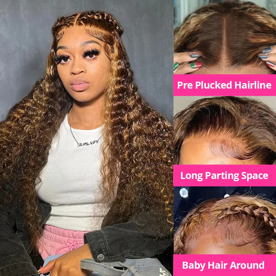 13x4 Glueless Lace Frontal Wigs 4/27 30inches Pre Cut Highlight Ombre Glueless Preplucked Human Wigs Ready to Go Curly Deep Wave