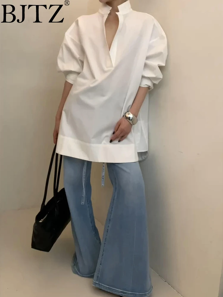 

BJTZ Lapel Collar Mid Length Shirt For Women 2025 Spring Summer New Loose Solid Color Casual Holiday Female Clothing Top