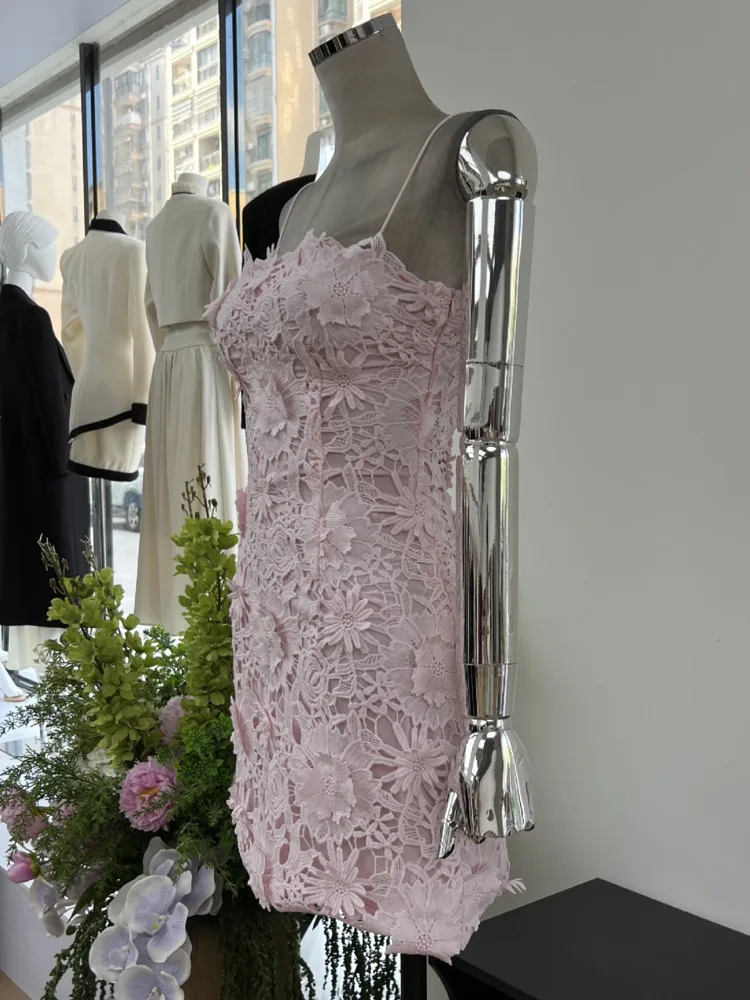 여성용 2025 봄 여름 우아한 레이스 크로셰 컷아웃 스트랩리스 드레스 소프트 핑크 파티 칵테일 가운 여성스러운 달콤한 드레스