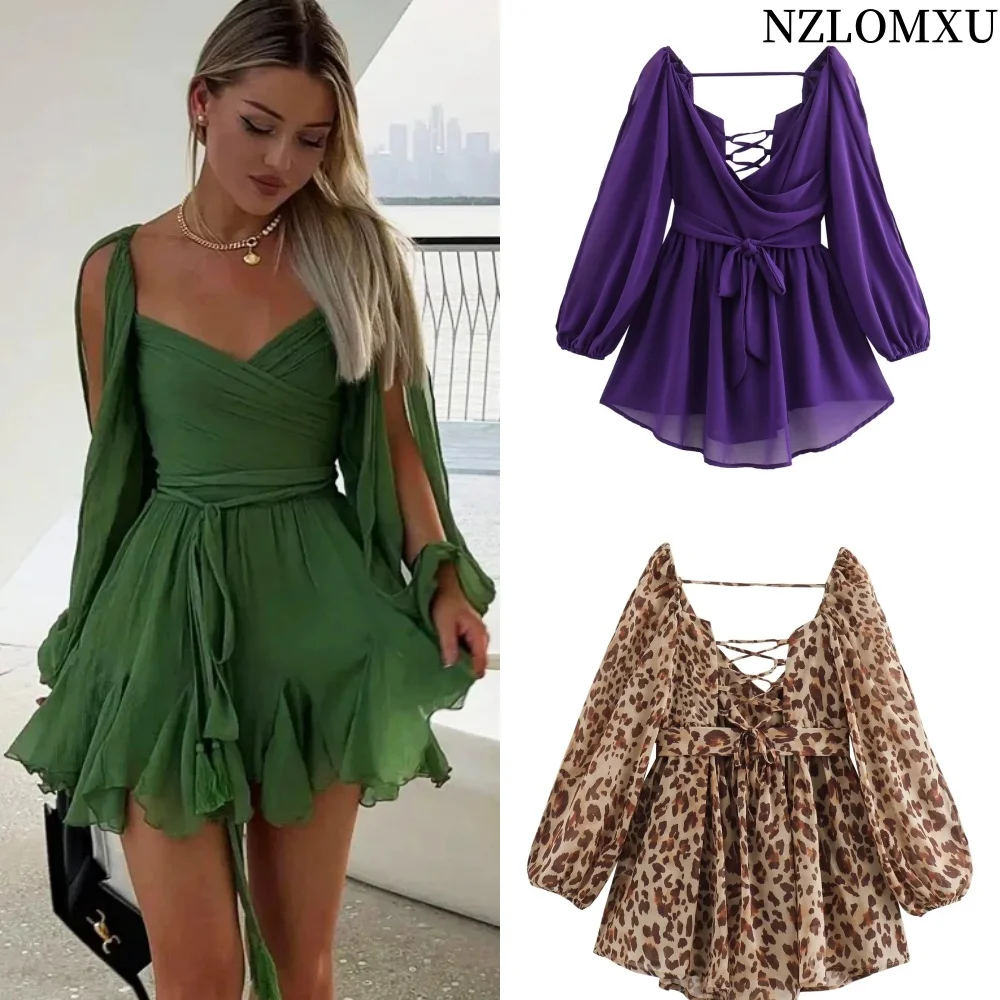 

Tied Backless Green Mini Dress Off Shoulder Bodycon Leopard Short Dresses Summer Vacation Cut Out Purple Black Beach Dress