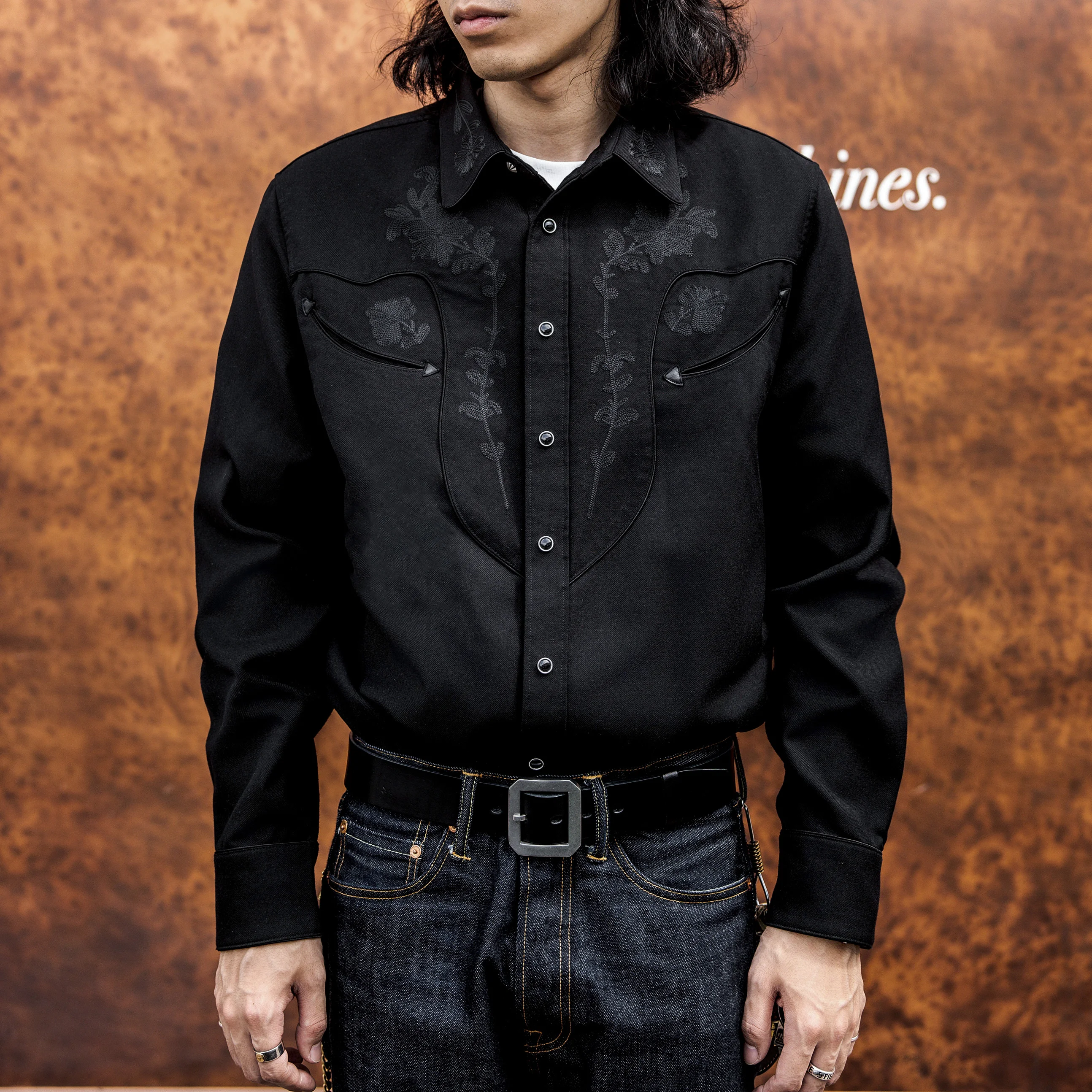 

Red Tornado Musician Shirt Long Sleeve Vintage Floral Embroidery Heavy Black Fleece Western 14oz Denim Shirt