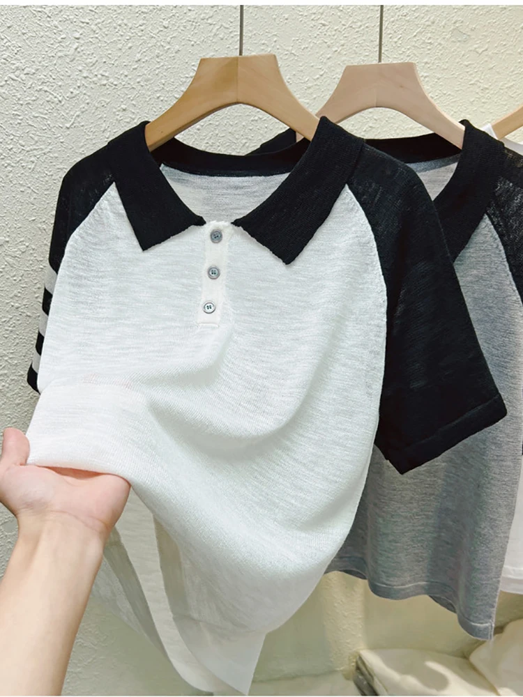 Short Sleeve T-shirt Women Knitted Tops Polo Neck Loose Patchwork Casual Tshirt Woman Black Ladies Clothing Summer Tee Shirts