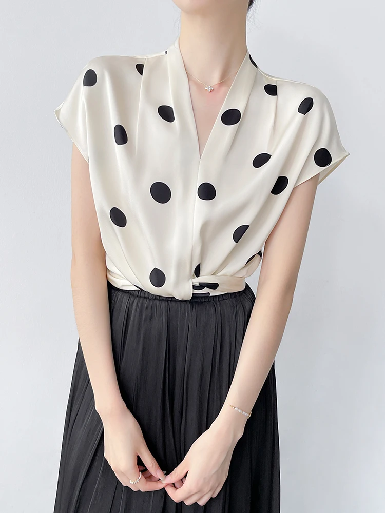 

Корейский летний топ в стиле ретро с V-образным вырезом, свободного кроя, в горошек, для повседневной носки, из шелка, новый
