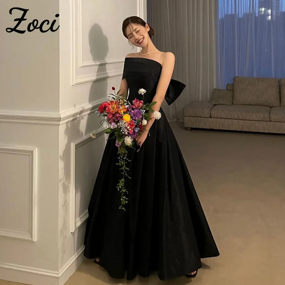 Zoci Elegant Black Taffeta Korea Evening Dresses One Shoulder Photo Shoot Dress Customized Big Bow Backless Formal Party Gown