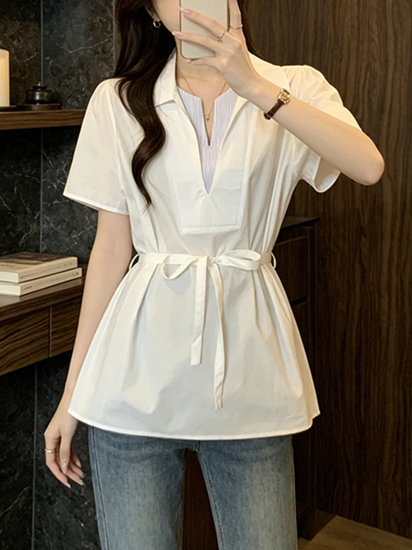 

Summer 2026 Korean Style plus Size Shirt Slimming Waist Short Sleeve Striped Patchwork Casual Top for plus Size Women