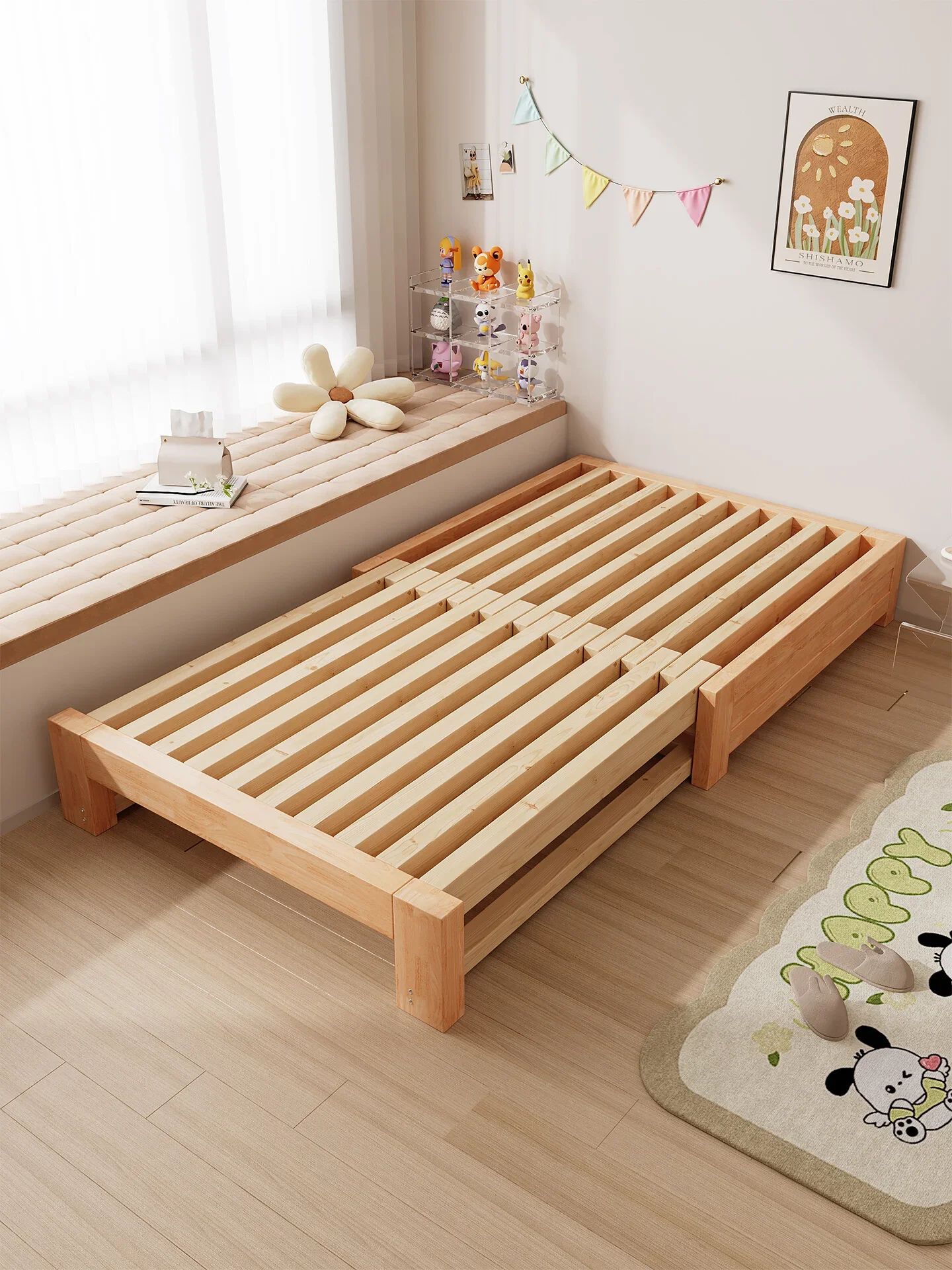 Pure solid wood sofa bed can be folded and used for both long and long sleep, small apartment pull-out bed, single and double pu