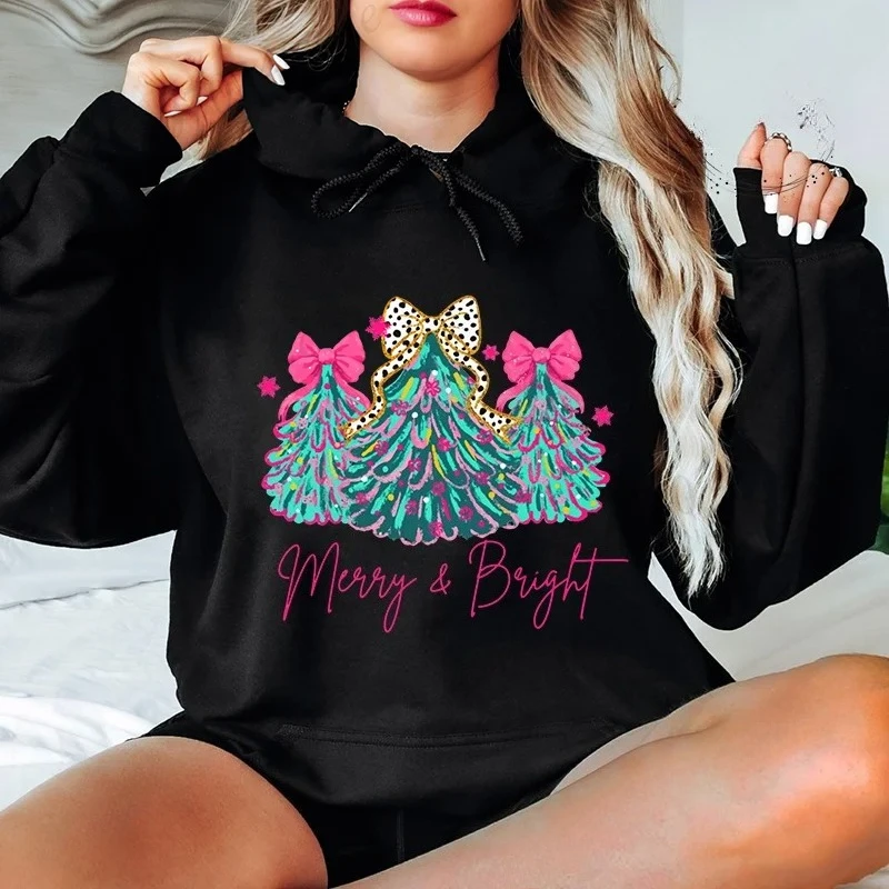 Merry Christmas Cute Print Black Hoodies for Women Casual Long Sleeve Round Neck Sweatshirts Ladies Christmas Clothing