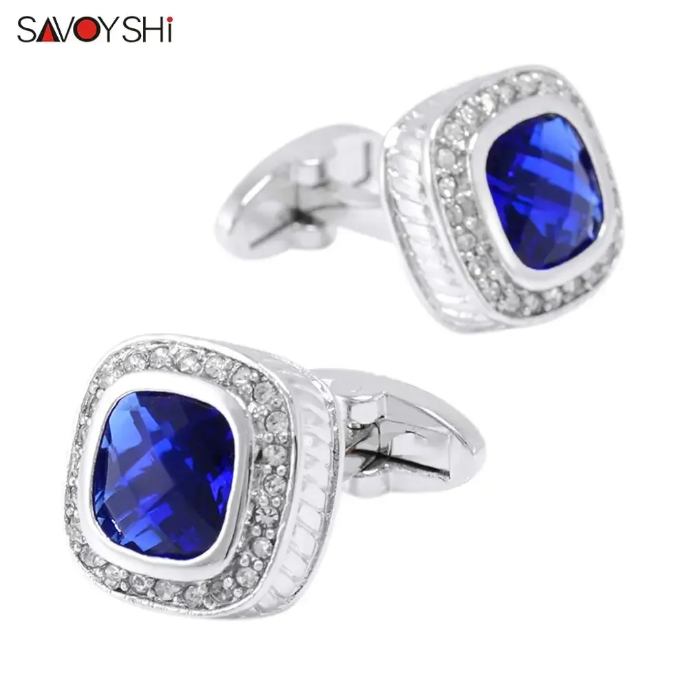 SAVOYSHI Luxury Square Crystals Cufflinks for Mens French Shirt High Quality Blue Cuff links Wedding Grooms Gift Man Jewelry