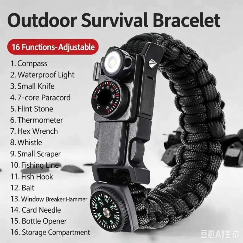 Outdoor survival bracelet, multifunctional umbrella rope weaving survival bracelet, field self rescue equipment, flint