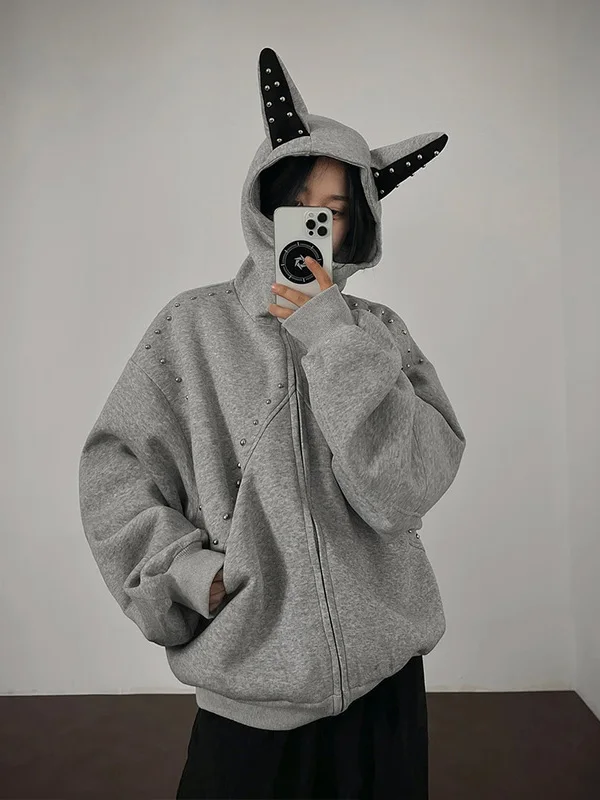 

American Sle Heavy Du Rivet Design Men's Hoodie Cardigan Casual Outerwear Couple's High Street Faion Dog Pattern