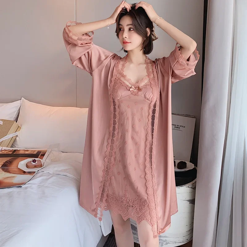 MECHCITIZ Women Sexy Wedding Nighty Robe Gown Set Lace Sleepwear Pajama Dress Long Sleeve V-neck Pijamas Kimono Home Lounge Suit