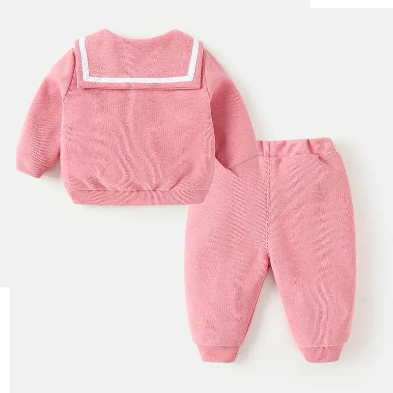 Ins Baby Girl Two-piece Clothes Set Rabbit Sticker Navy Collar Sweatshirt Cotton Solid Sport Pant Infant Toddler Girl Tracksuits