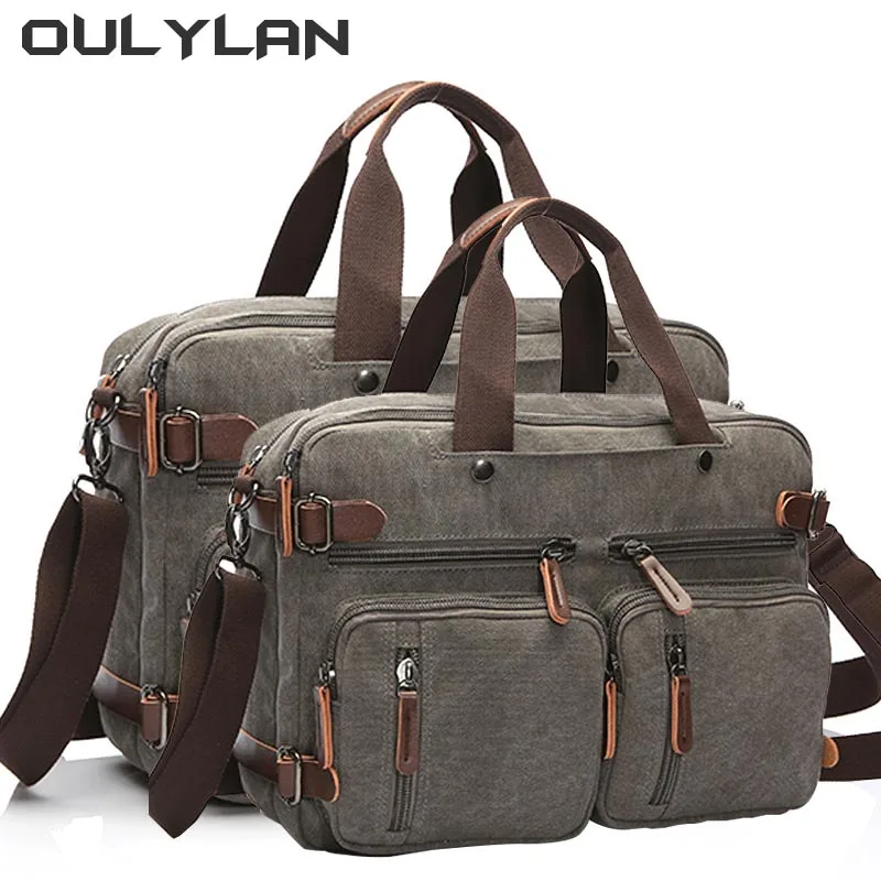 Two Sizes Canvas Bag Men Business Briefcase Hand-held Handbag Large Capacity Backpack Computer Storage Bag Shoulder Bag