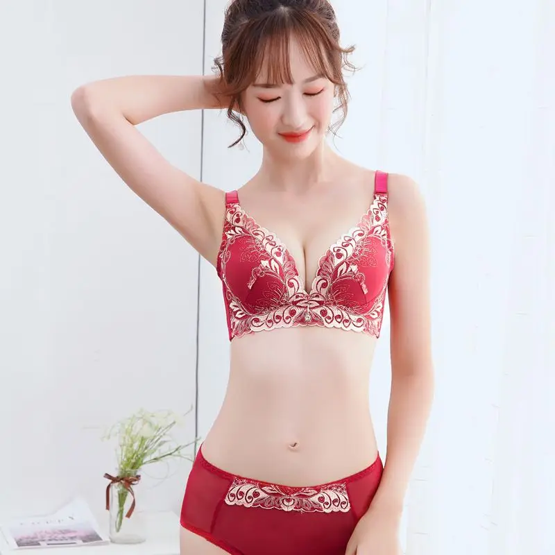 Push Up Bra Set Women Lace Wireless Seamless Embroidery Thin Convertible Straps Bra and Panty Senual Beauty Back Lingerie Sets