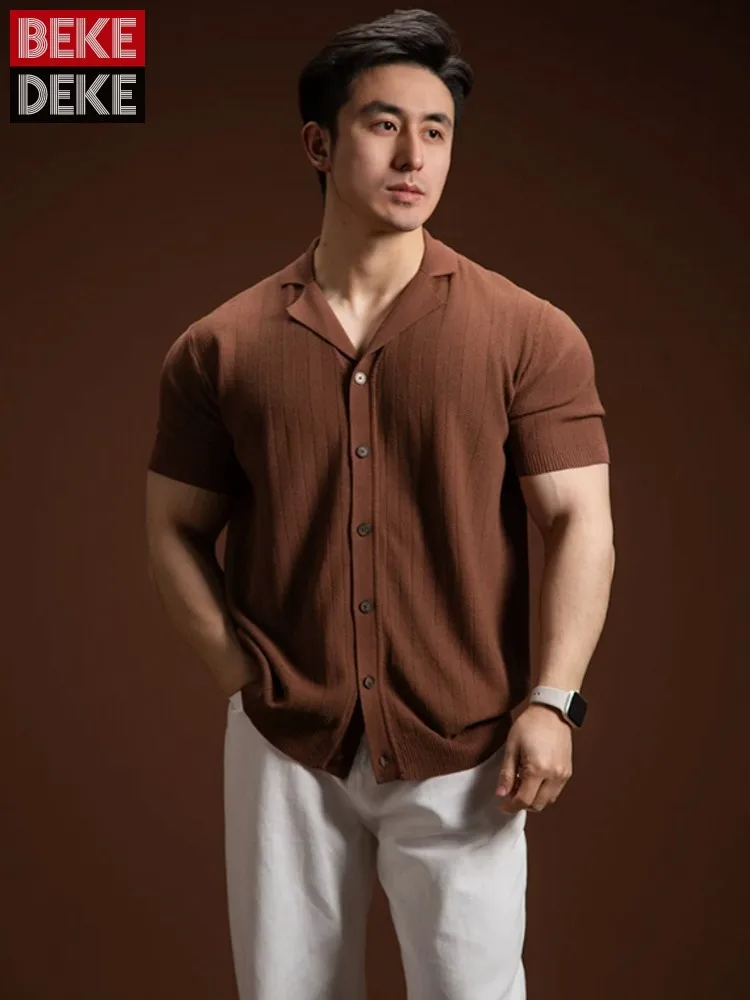 Men Streetwear Breathable Turn Down Collar Male Short Sleeve Thin Knit T-Shirt Fashion Casual Single Breasted Solid Color Tops