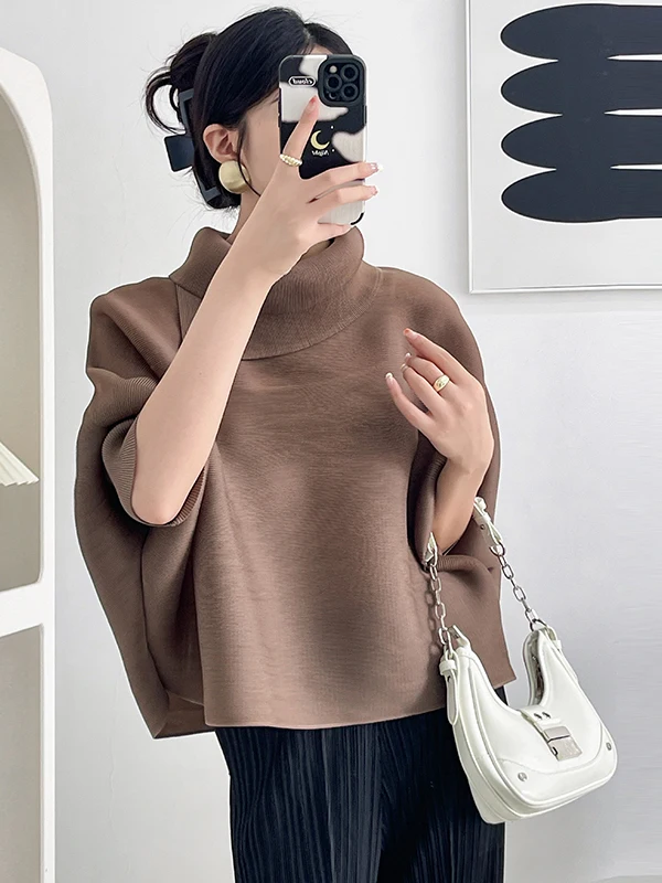 

Spring Autumn Loose Fit Batwing Sve T-irt Pleated Collared Home Design Color Women's Comfortable Polyester Top