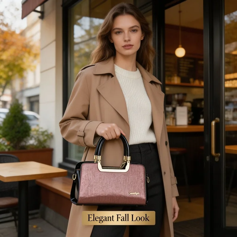 Women Glitter Textured Handbag Patent Leather Splice Metal U Shape Top Handle Detachable Strap Evening Party Shoulder Purse