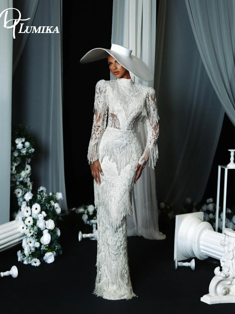 DTLumika Dramatic High Neck Tassel Fringe Lace Wedding Dress 2027 Long Sleeves Fitted Bridal Gown Vestidos De Novia Customized