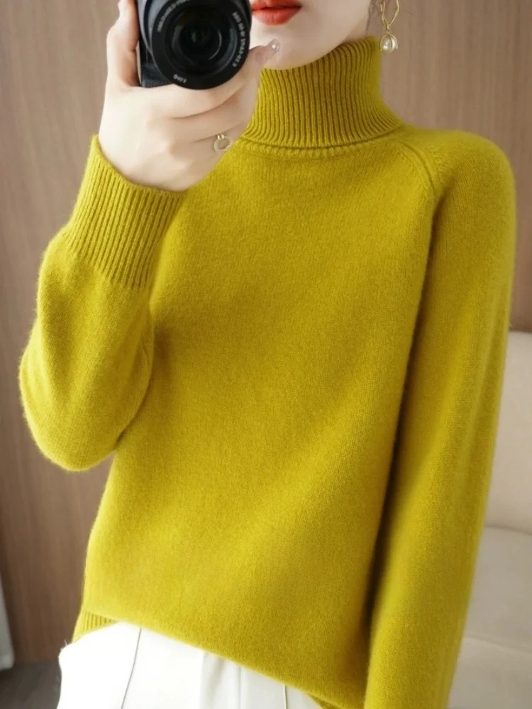 

Женский вязаный шерстяной свитер с высоким воротником, утепленный, свободного кроя, с длинными рукавами, базовая модель, осень-зима, новинка, универсальный, комфортный
