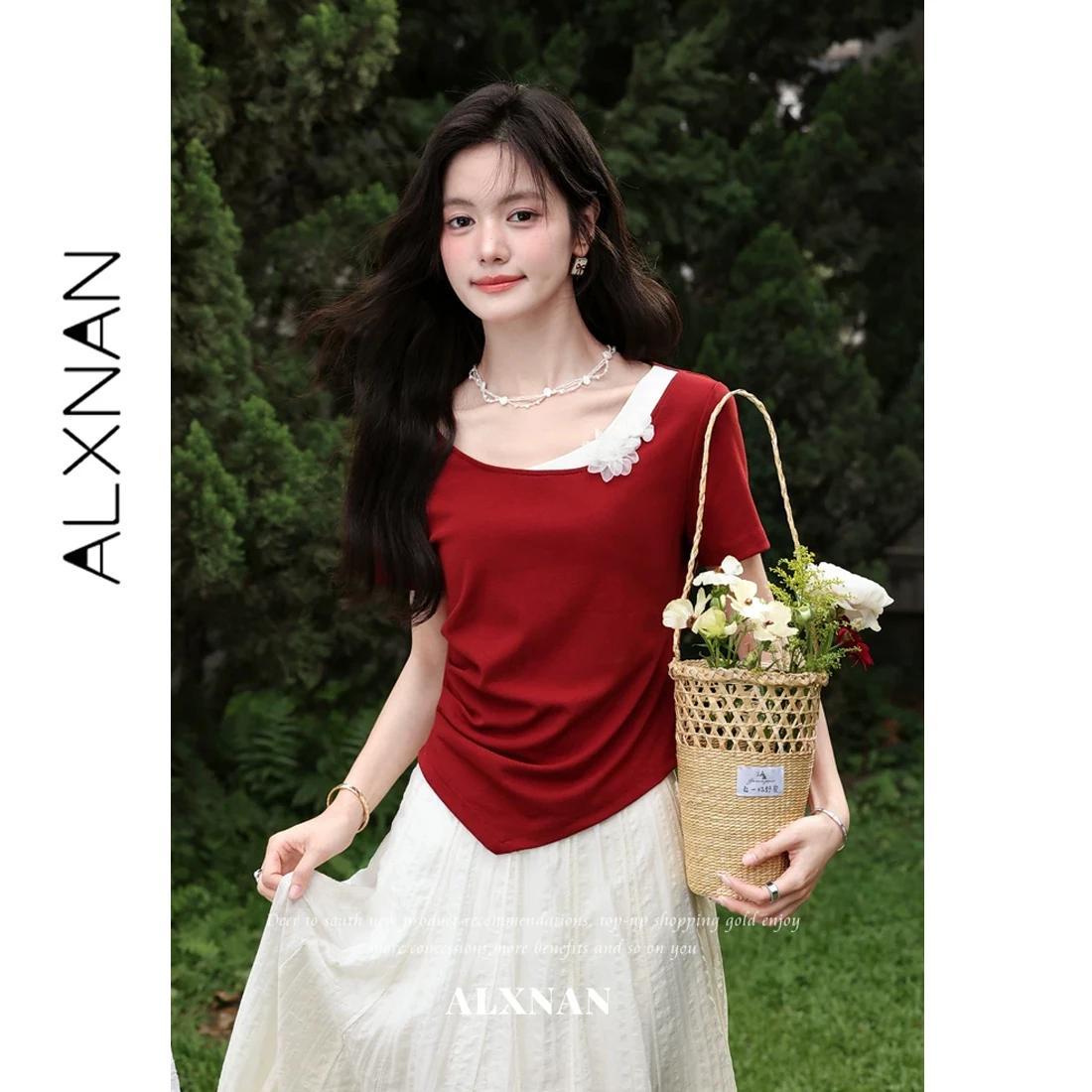 

ALXNAN Red T-shirt Elegant 3D Flower Design Irregular Hem Short Sleeve T-shirts Summer Casual Cotton Female Tops L65010