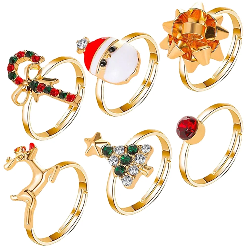 6 Pcs Christmas Elk Ring Set Kids Finger Jewelry Toys Party Accessory Rings Gift Bag Fillers