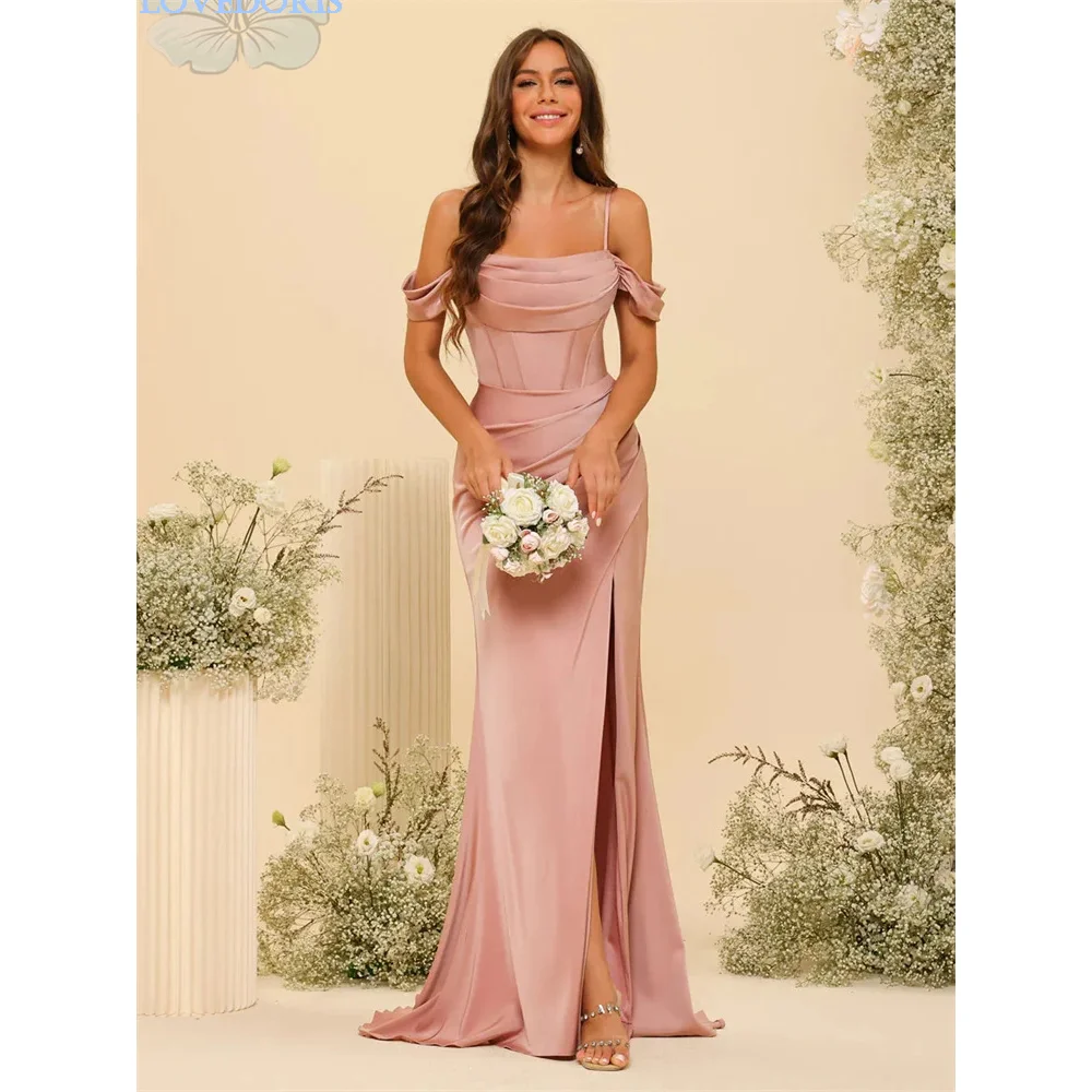 

LoveDoris Off the Shoulder Bridesmaid Dress High Split A-Line Wedding Prom Dress Satin Slim Fitted Party Dress