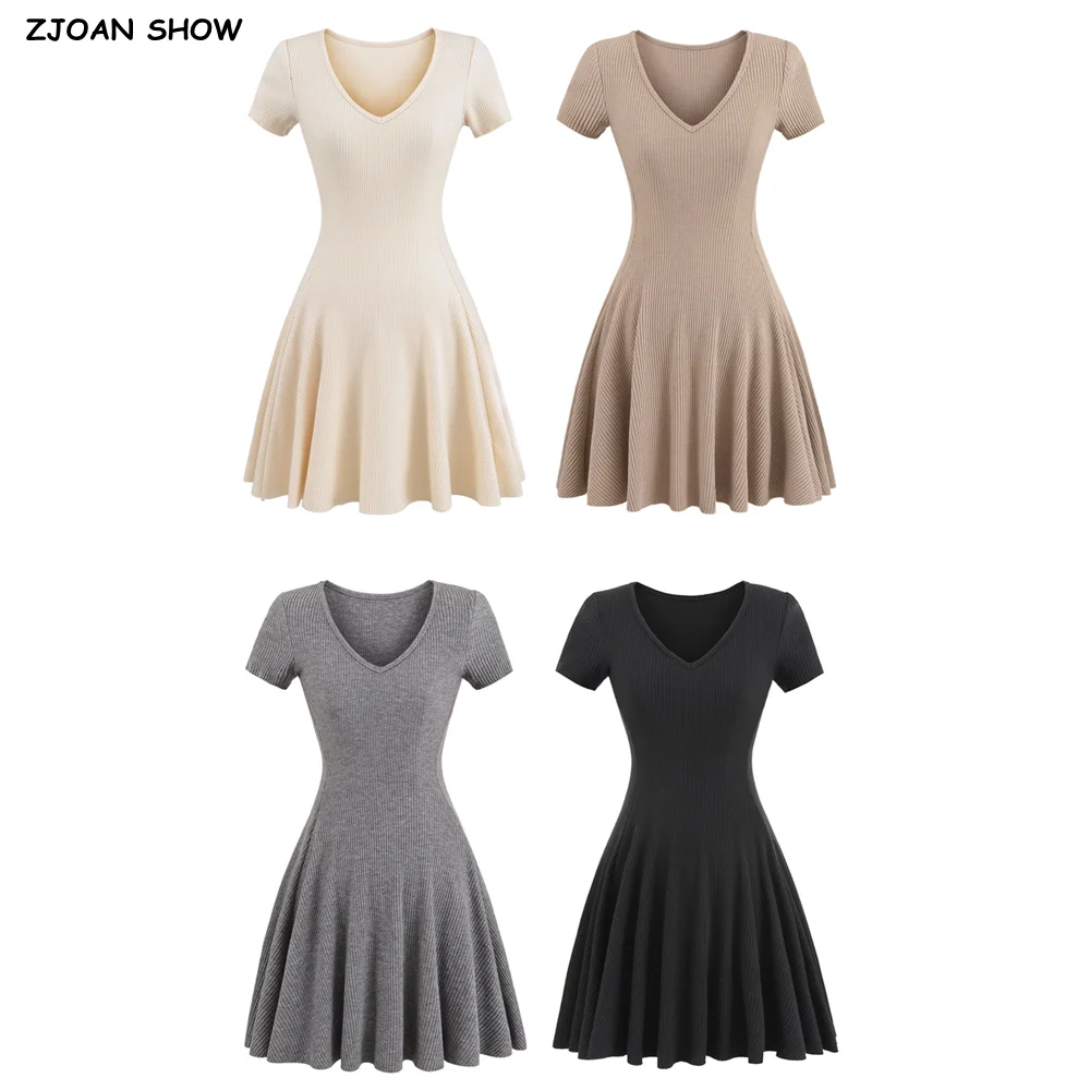 4 colors 2025 CHIC V neck Short Sleeve Knitted Dress Women Skinny Slim Fit Waist A-lined Short Dresses Base Robe Khaki Black