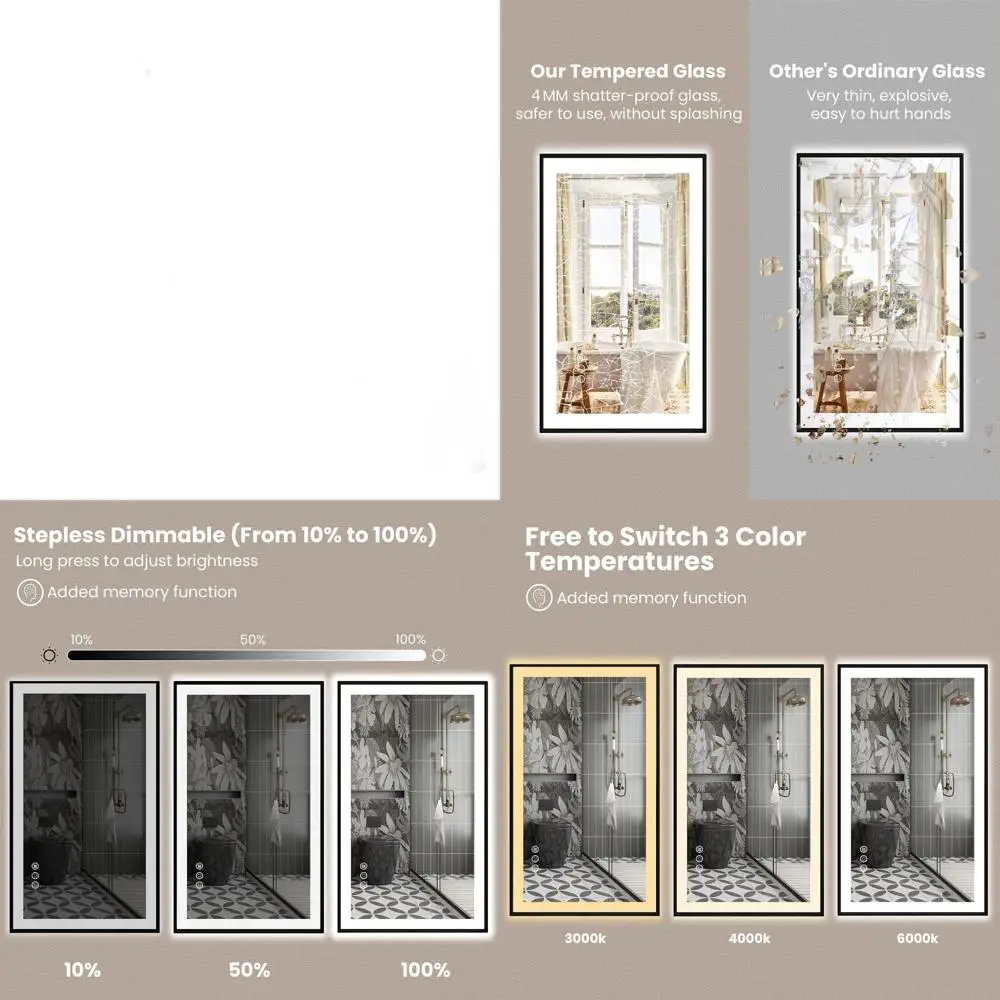 

Зеркало LED 20x28 с черной рамкой, двойной подсветкой, регулировкой яркости, функцией антизапотевания, ударопрочное, 3 цвета, с функцией памяти