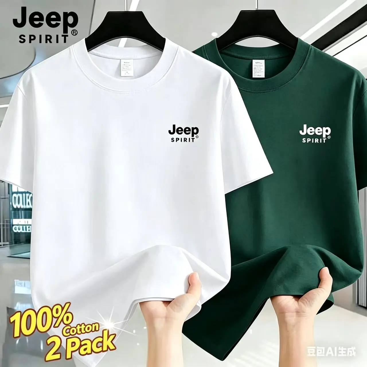 Jeep high-quality men's T-shirt, summer 100% cotton printed sportive breathable round-neck top, loose solid-color 2-piece set