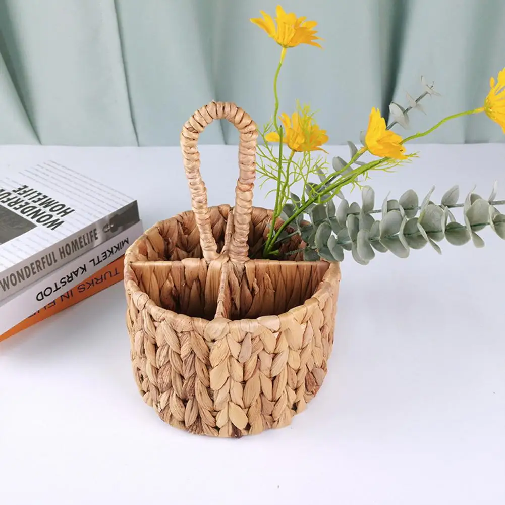 Portable Flower Basket Pastoral Style Weed Braided Organizer Four Compartments Basket Flatware Organizer Kitchen Utensil Holder