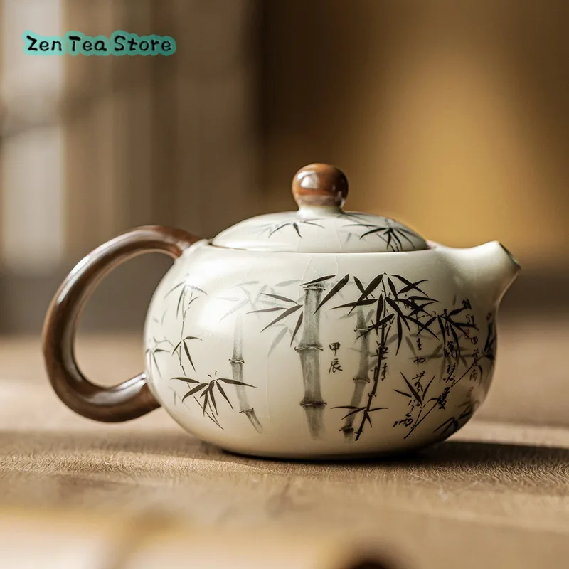 Beige Ru Kiln Xishi Pot Ink Bamboo Ding Wave Household Hand-painted Ceramic Teapot Single Pot Kung Fu Tea Set Teapot