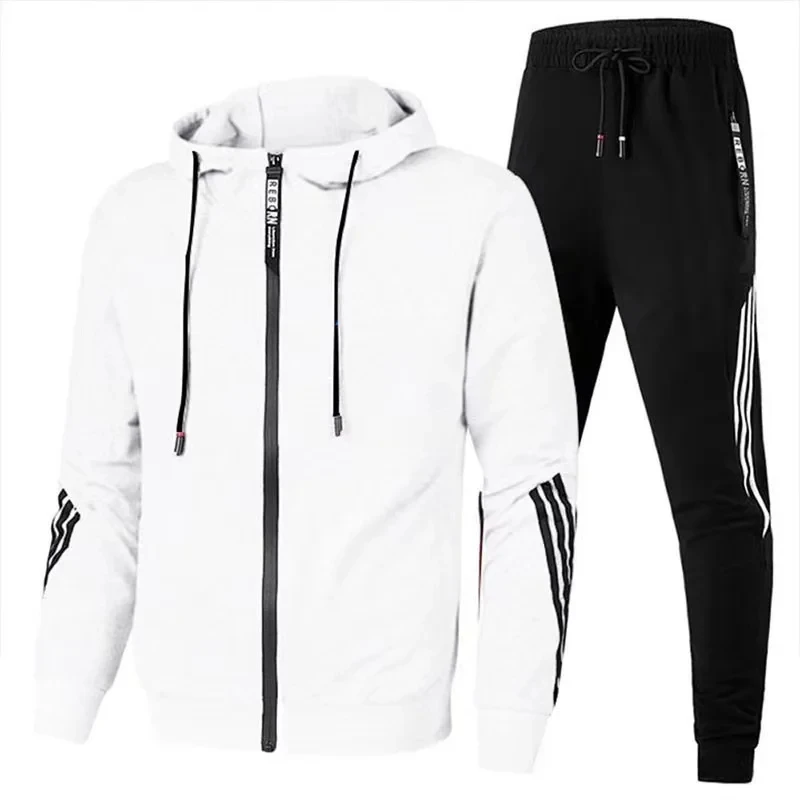 Men\'s sports and leisure suit hooded sweatshirt and zippered baseball pants gym fitness jogging travel camping Spring and Aut
