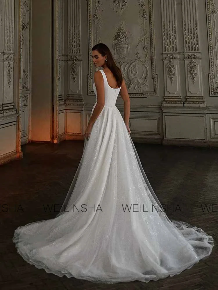 Luxury Dresses Women 2025 Wedding Organza A-line Wedding Party Dresses White Square Neck Pearls Ruched Women Wedding Dress Long