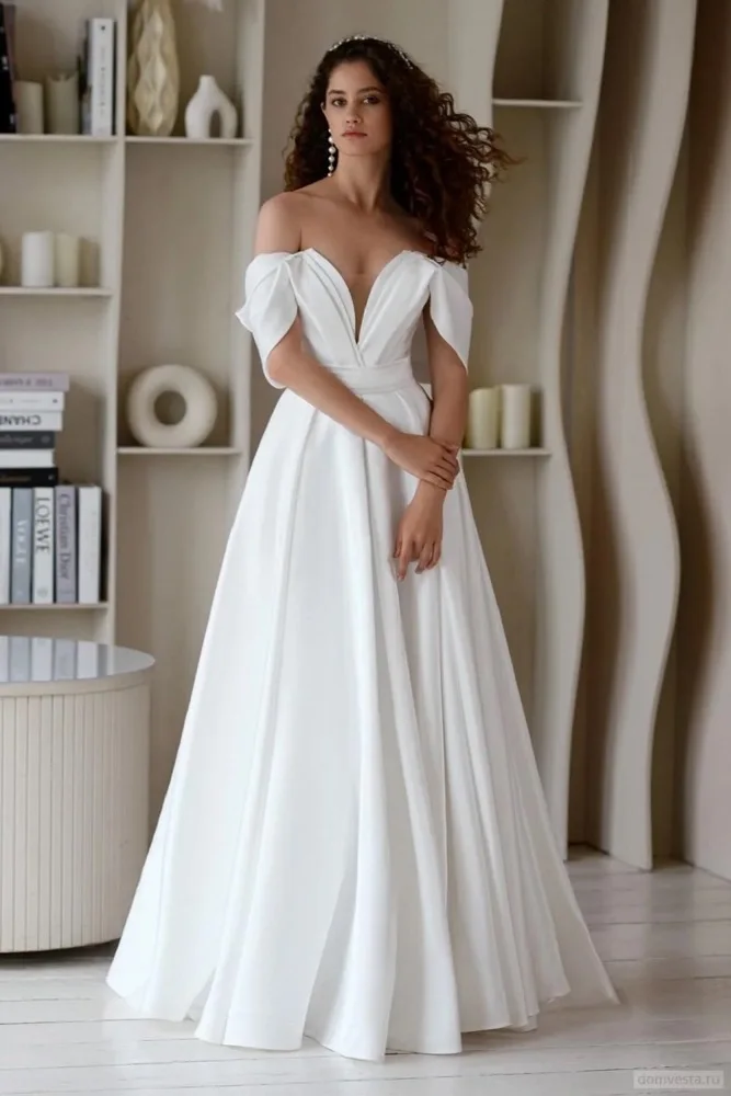 Luruxious Pleat Satin A Line 2025Wedding Dresses Side Slit  Off The Shoulder V-neck Bridal Gown Customized Vestido De Noival
