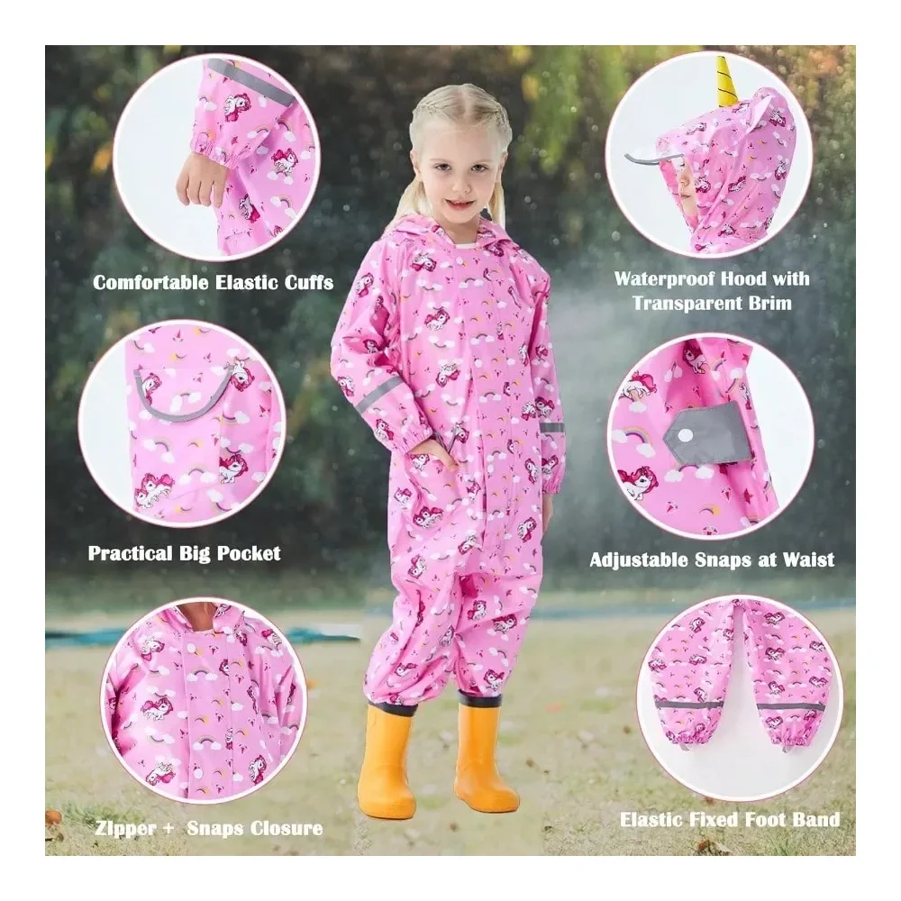 

Toddler Rain Suit For Boys Girls One Piece Hoodie Zipper Cartoon Waterproof Coverall Rain Jacket 110 Years