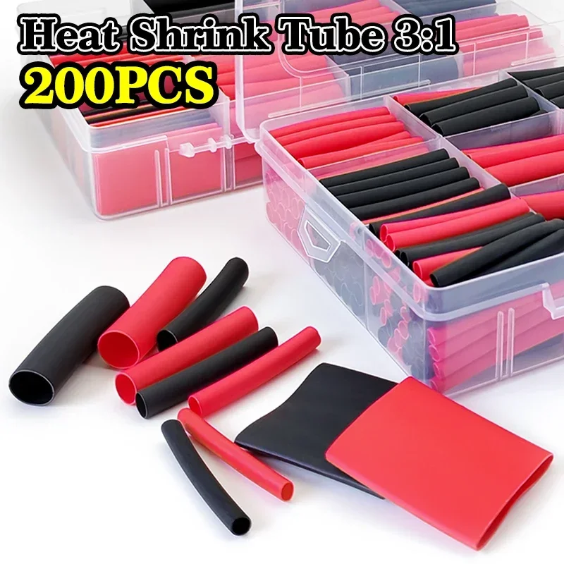 Black Red Multi-size 3:1 Heat Shrink Tubes Kit 200Pcs Flame Retardant Waterproof for Wire connection Easy-Shrink Wire Wrap Kit