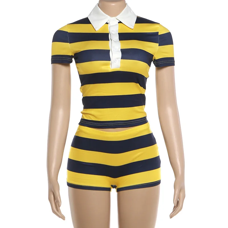 Summer Striped 2 Piece Set for Women 2026 Fashion Cropped Polo Shirt and High Waist Micro Shorts Casual Beach Vacation Outfits