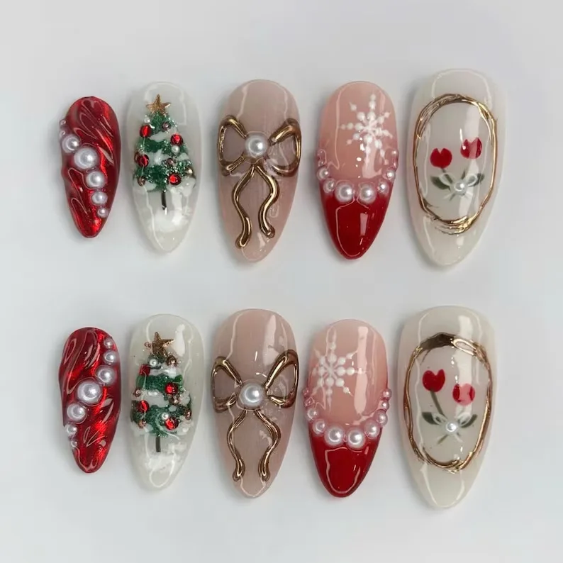 30pcs Christmas Press On Nails 3D Gold Bow Pearl Red French Tip Fake Nail Almond Christmas Tree Snowflake Tulip False Nail
