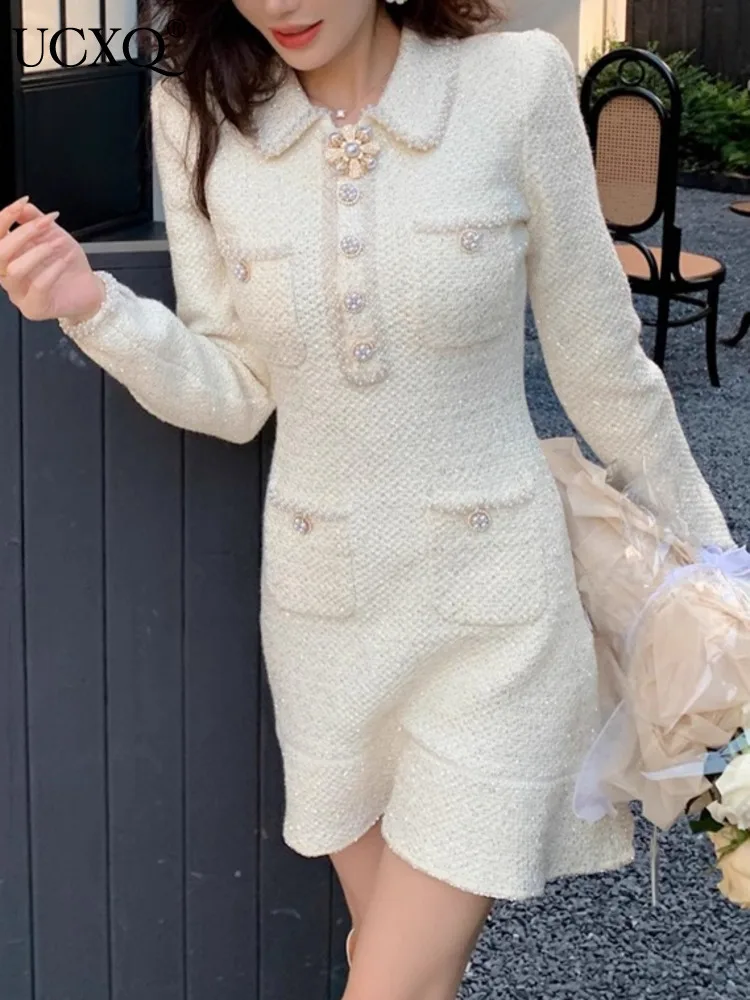 UCXQ Elegant Short Dress European Style Tweed Lapel Beading Button Long Sleeve Fashion Dresses For Women 2024 Spring Summer 9896