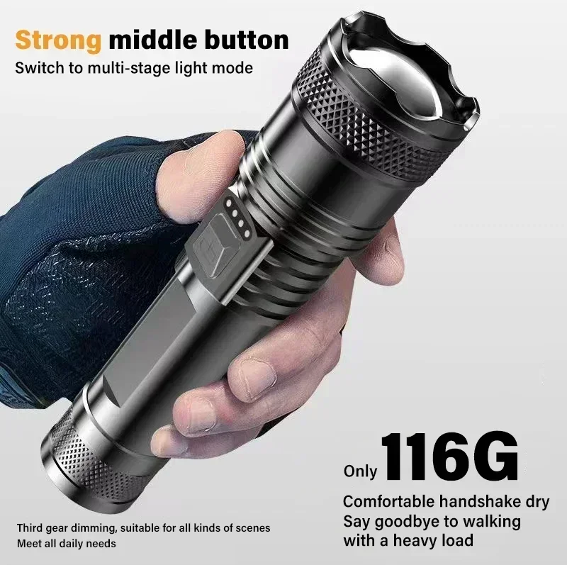5000LM Ultra Bright Tactical Light Built-in Battery Powerful P70 LED Flashlights Emergency Spotlight Telescopic Zoom Flash Light