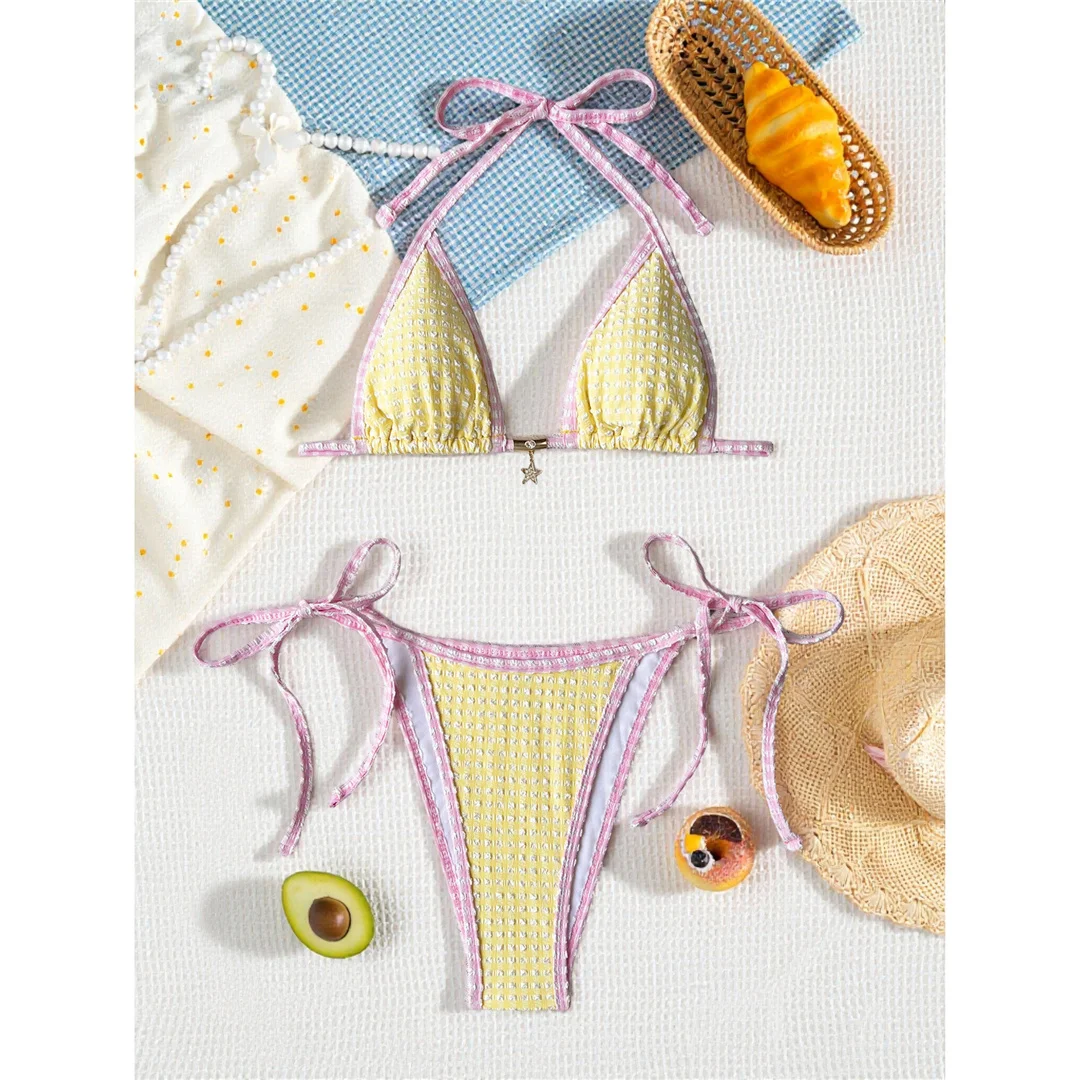 Neuer kariertes Neckholder-Bikini, Damen-Badeanzug, zweiteiliges Bikini-Set, mit Trägern, hohem Beinausschnitt, Badebekleidung, Badeanzug, Modell V8491 – Detail 6