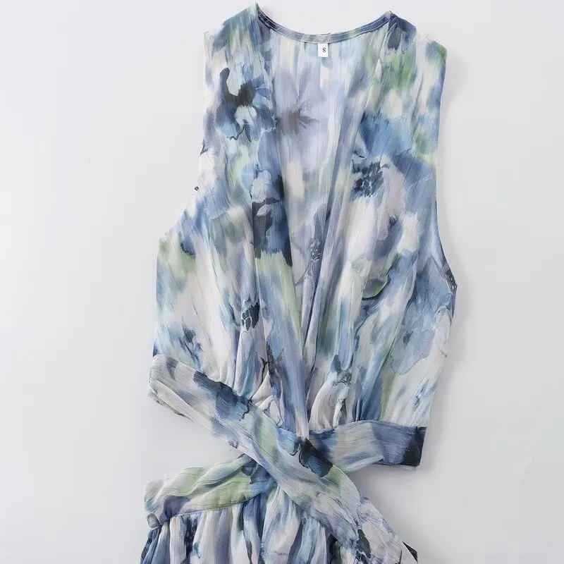 2024年夏 レディース デザインセンス オープンメタルカラー ラインプリント ノースリーブ Vネック エレガントスタイル ワンピース ファッションドレス