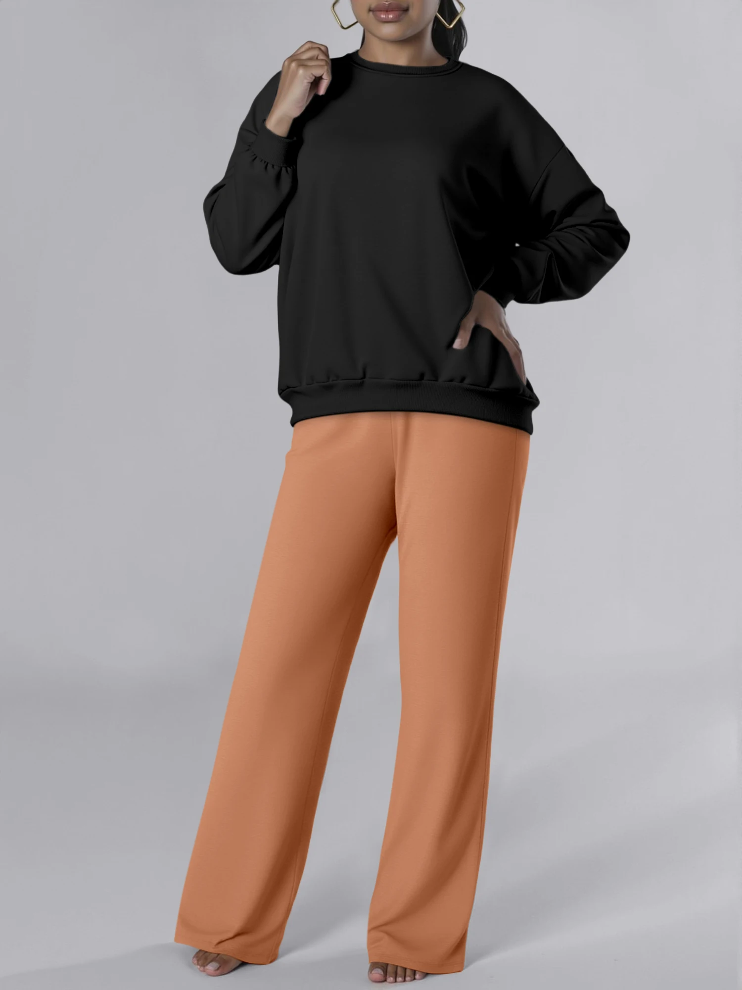 

Sophisticated Color Block 2 Piece Loungewear Set, Elegant Loose Sweatshirt And Wide Leg Pants Suit Graceful Simple Style