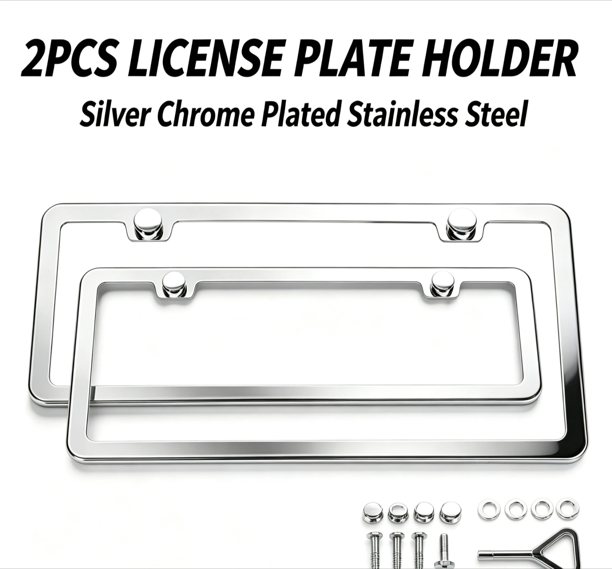 2Pcs Silver Chrome Plated Stainless Steel Slim Fit Universal Car License Plate Holder Rust Weatherproof For US Plates