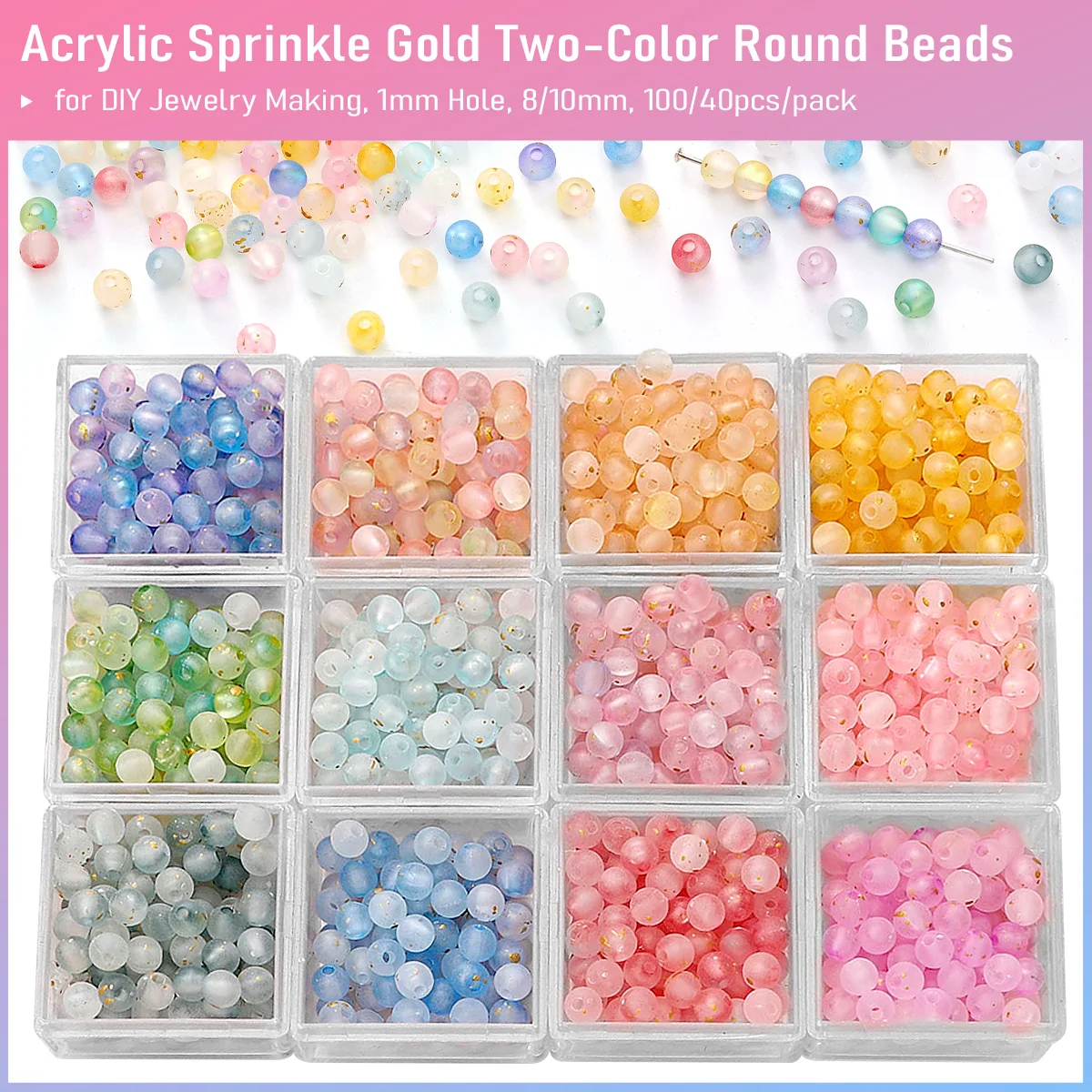 8/10mm Acrylic Sprinkle Gold Two-Color Round Beads - DIY Jewelry Making for Bracelet Necklace Craft (1mm Hole 100/40pcs/pack）