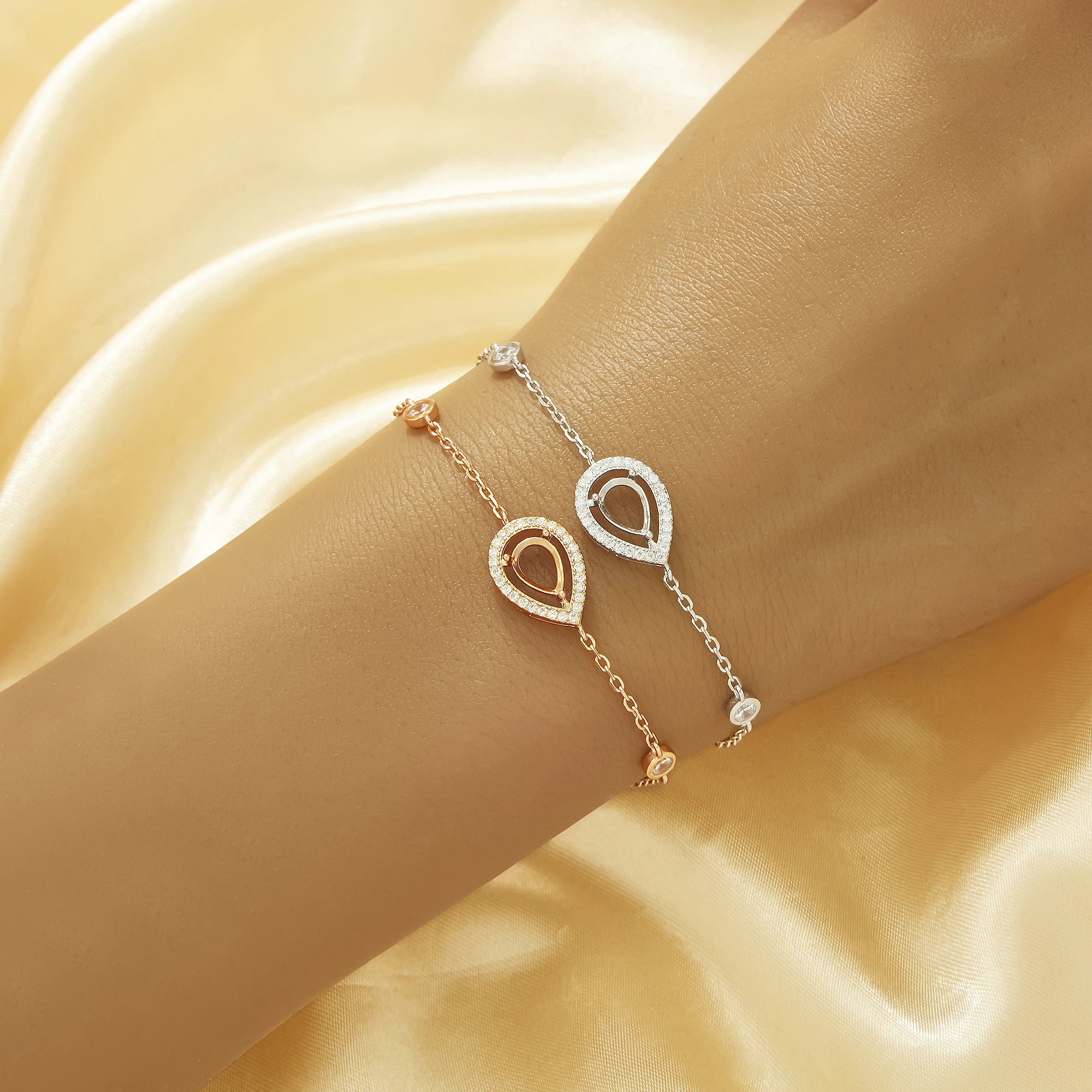 5x7MM Halo Pear Prongs Bezel Bracelet Settings,Solid 925 Sterling Silver Rose Gold Plated Bracelet 6.4''+1.6'' 1900348