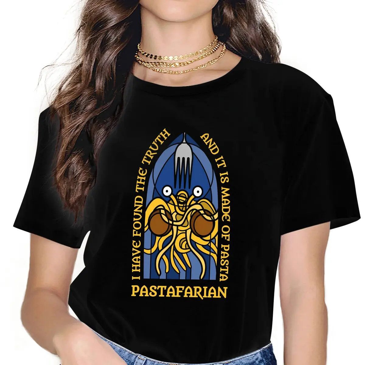 Latający Spaghetti Monsterism Pastafarian Tshirt graficzny kobiety topy Vintage alternatywny Fibre Harajuku poliester T Shirt